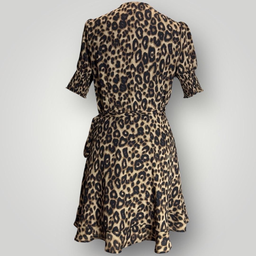 Blue Rain Leopard Print‎ Wrap Mini Dress Smocked Sleeve Ruffle Hem sz Medium - Picture 6 of 7